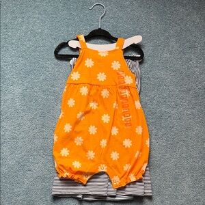Orange Floral Baby Romper and blue striped dress